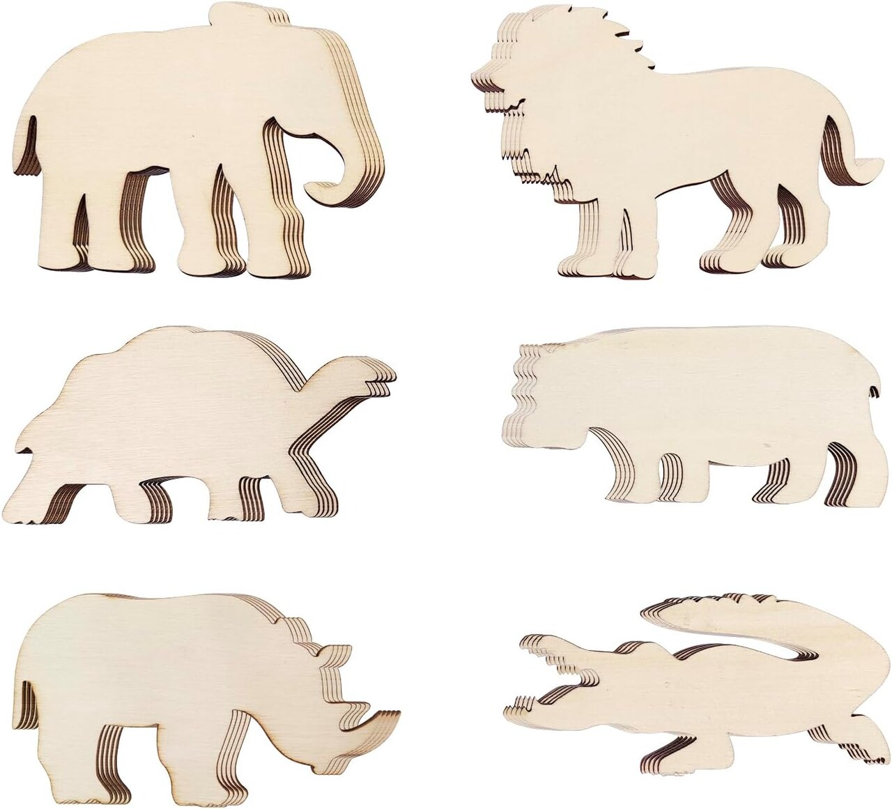 30 Pack Unfinished Wood Safari Animal Cutouts, Wooden Elephant Rhino Lion Hippo Crocodile Turtle Shapes for DIY Painting Crafts, Hanging Ornaments, Gift Tags, Scrapbooking & Party Decorations
